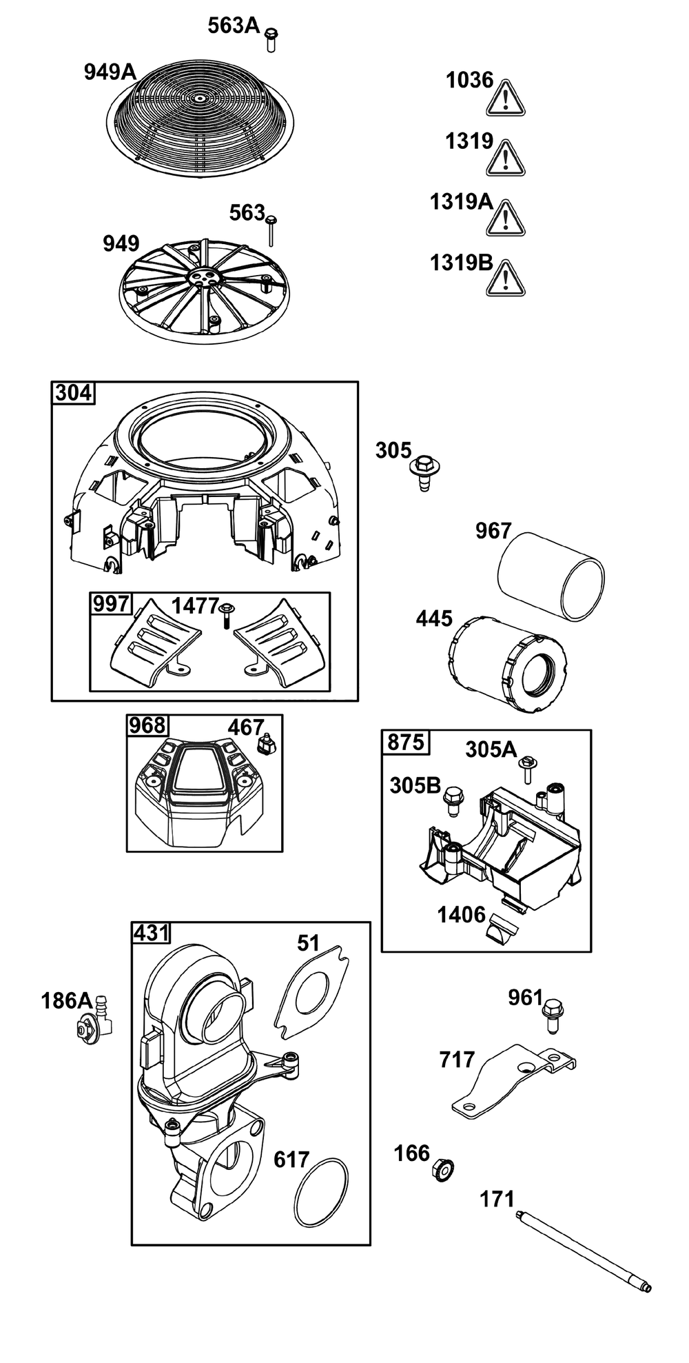 Blower Housing And Air Group Diagram and Parts List for 44Y977-0002-H5 400000 - 699999 Briggs and Stratton Engine